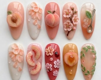 Handmade Peach Blossom Press On Nails | 3D Realistic Fruit & Cherry Art | Sweet Food Nails Set