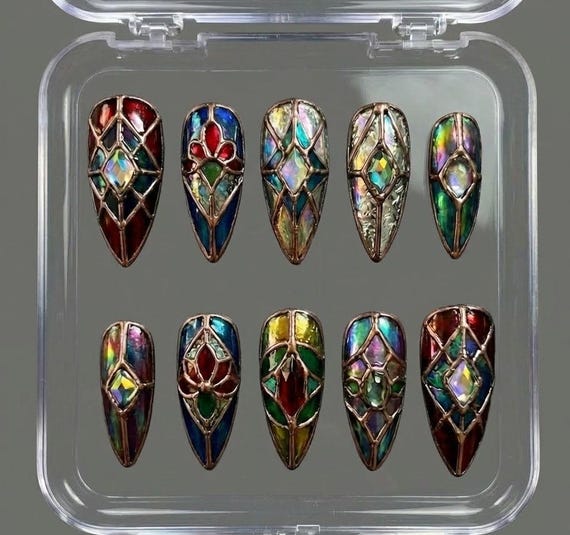 Gothic Stained Glass Press On Nails | Medieval Cathedral Art, Bronze 3D Details & Jewel Tones | Luxury Almond Nails For Dark Aesthetic