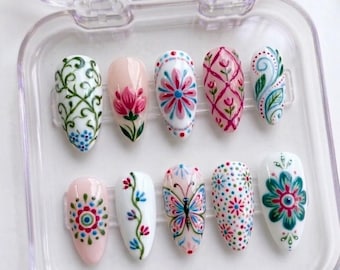 Handmade Flower Folk Art Press On Nails | Cute Whimsical 3D Talavera Ceramic & Butterfly Art | Colorful Majolica Floral Custom Gel Nails