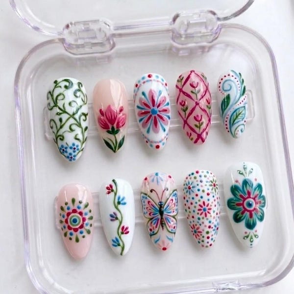 Handmade Flower Folk Art Press On Nails | Cute Whimsical 3D Talavera Ceramic & Butterfly Art | Colorful Majolica Floral Custom Gel Nails