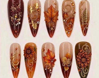 Handmade Autumn Maple Leaf Press On Nails | 3D Fall Leaves, Gold Swirls, Chrysanthemum, Stiletto Luxury Nails
