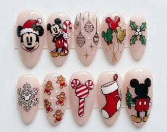 Handmade Press On Nails | Christmas Cartoon Mouse, Gingerbread Man, Holiday Stocking, Almond Nails