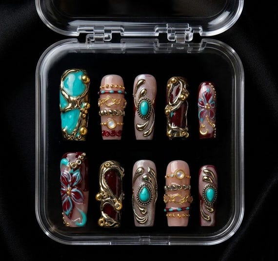 Handmade Vintage Bohemian Jewelry Press On Nails | Turquoise, Ruby Floral & Gold Filigree | Long Coffin Nails for Gothic Luxury Vibe