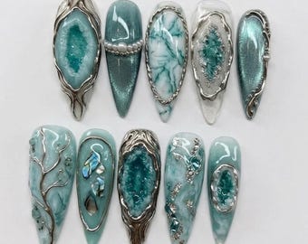 Handmade Turquoise Geode & Silver Press On Nails | 3D Crystal, Marble Art | Mystic Teal Fake Nails Set