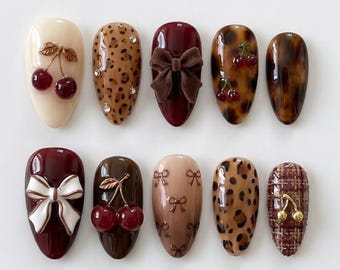 Handmade Elegant Coquette Press On Nails | 3D Cherry Bow & Leopard Print Art | Chic Vintage Fake Nails Set