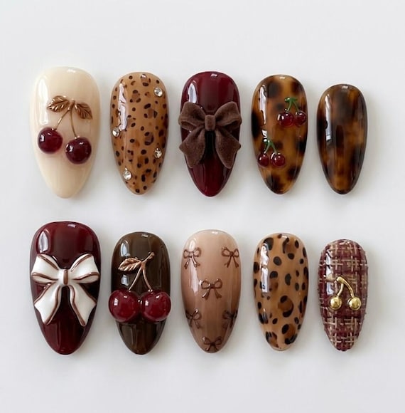 Handmade Elegant Coquette Press On Nails | 3D Cherry Bow & Leopard Print Art | Chic Vintage Fake Nails Set
