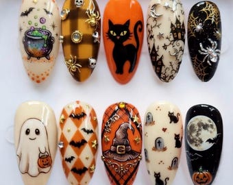 Handmade Spooky Halloween Press On Nails | 3D Black Cat, Witch Hat & Ghost Art | Festive Goth Fake Nails Set