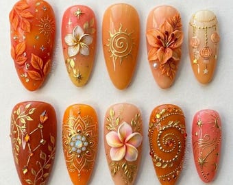 Handmade Sunset Orange Harvest Press On Nails | 3D Plumeria Flower, Lily & Sun Art | Luxury Gold Filigree Summer Boho Aesthetic Nails Set