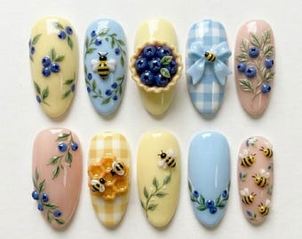 Handmade Blueberry Pie Press On Nails | 3D Honey Bee Honeycomb & Gingham Bow Art | Sweet Fruit Food Nails Set