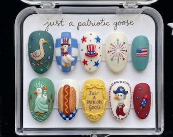 Handmade Patriotic Goose Press On Nails | 3D Liberty, Uncle Sam & Hot Dog Art | Funny Whimsical 4th of July Nails Set