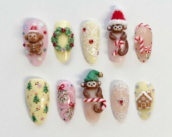 Handmade Press On Nails | Christmas Monkeys, Gingerbread House, Holiday Wreath, Candy Cane, Almond Nails