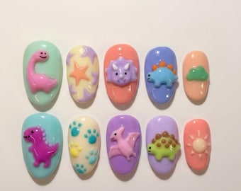 Handmade Kawaii Pastel Dinosaur Press On Nails | Cute 3D T-Rex & Triceratops Jelly Art | Whimsical Short Round Custom Press Ons Nails Set