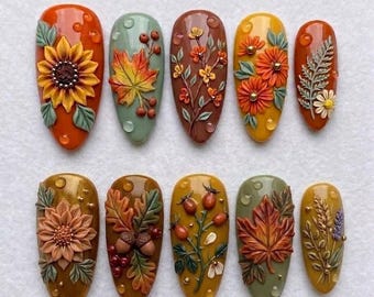 Handmade Cozy Autumn Harvest Press On Nails | 3D Sunflower Maple Leaf & Acorn Art | Realistic Fall Floral Nails Set
