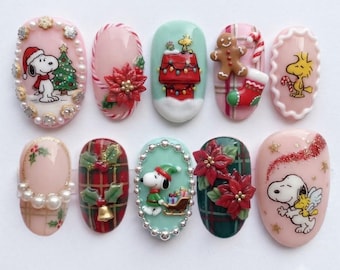Handmade Press On Nails | Christmas Dog, Pastel Holiday, Poinsettia, Gingerbread, Almond Nails