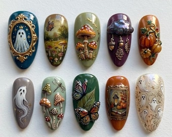 Handmade Whimsical Ghost Autumn Press On Nails | Luxury Cottagecore 3D Mushroom & Pumpkin Art | Vintage Halloween Custom Gel Nails Set