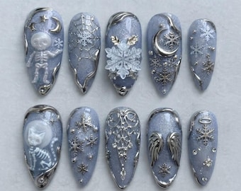 Handmade Press On Nails | Gothic Winter Skeleton, Silver Snowflakes, Spider Web, Angel Wings, Almond Nails