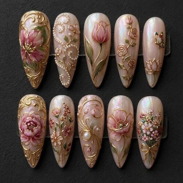 Handmade Baroque Floral Press On Nails | Luxury 3D Gold Chrome Pearl & Enamel Art | Elegant Aurora Pink Tulip Peony Royal Nails