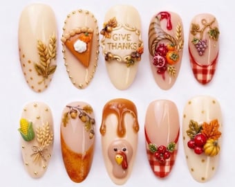 Handmade Press On Nails | Thanksgiving Harvest, Turkey, Pumpkin Pie, Fall Cornucopia, Almond Nails