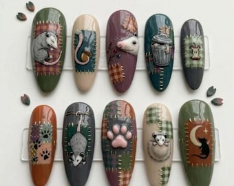 Handmade Opossum Press On Nails | Patchwork Plaid Pattern, Trash Can, 3D Paw Print, Almond Fall Nails