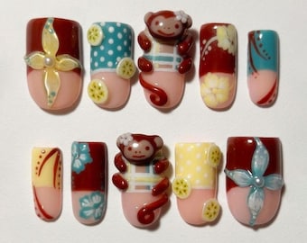 Handmade Kawaii Monkey Press On Nails | Cute 3D Banana & Floral Art, Tropical Red Blue Design Short Square Fake Nails