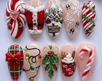 Handmade Christmas Press On Nails | Village, Santa Suit, Candy Cane, Hot Cocoa, Almond Nails