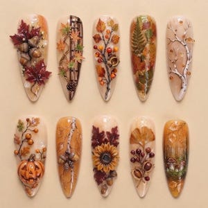 Handmade Autumn Press On Nails | Fall Foliage, Acorn Branches, Pumpkin Patch, Sunflower, Stiletto Nails