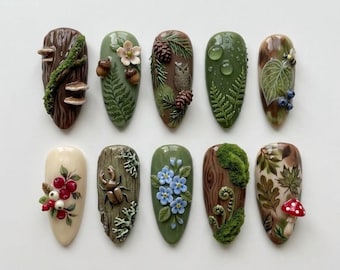 Handmade Enchanted Woodland Press On Nails | Luxury 3D Mossy Forest & Mushroom Art | Cute Autumn Wildlife Frog Beetle Custom Nails Set