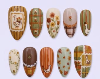 Handmade Fall Goose Press On Nails | 3D Duck, Autumn Leaves & Plaid Art | Cozy Farmhouse Fake Nails Set