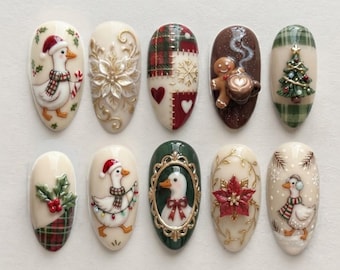 Handmade Press On Nails | Christmas Goose, Holiday Poinsettia, Gingerbread Coffee, Winter Tree, Almond Nails