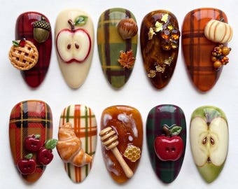 Handmade Fall Harvest Press On Nails | 3D Apple Pie, Plaid & Honey Art | Cozy Autumn Fake Nails Set