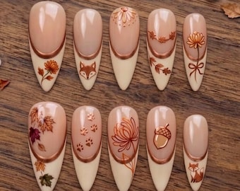 Handmade Minimalist Autumn French Press On Nails | Copper Fox, Acorn & Leaf Art | Elegant Fall Fake Nails Set