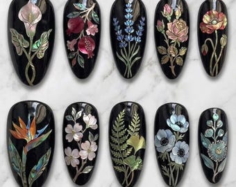Handmade Raden Mother of Pearl Botanical Press On Nails | Luxury Inlaid Seashell Floral Art | Elegant Glossy Black Lacquer Japanese Nails