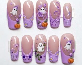 Handmade Purple Ghost Press On Nails | Pumpkin, 3D Flowers, French Tips, Square Spooky Nails