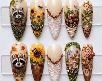 Handmade Autumn Raccoon Press On Nails | Sunflower, 3D Mushroom, Acorn, Almond Fall Nails
