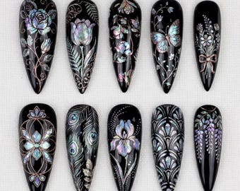 Uñas postizas góticas Raden hechas a mano con nácar / Diseño floral y de mariposas iridiscentes en 3D de lujo / Uñas personalizadas en laca negra