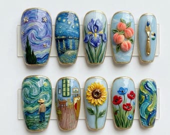 Handmade Artistic van Gogh Press On Nails | 3D Starry Night Sunflowers & Oil Painting Art | Masterpiece Gallery Fake Nails Set