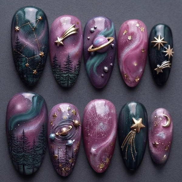 Handmade Celestial Galaxy Press On Nails | 3D Planet, Star & Aurora Borealis Art | Mystical Space Fake Nails Set