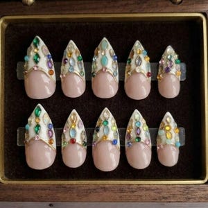 Handmade Regal Gemstone Press On Nails | 3D Crystal, Gold French Tip & Jewel Art | Luxury Royal Fake Nails Set