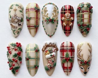 Handmade Press On Nails | Christmas Plaid, Reindeer, Tartan Patterns, Holiday Stocking, Almond Nails