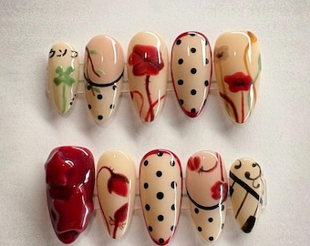 Handmade Vintage Floral Press On Nails | Red Poppy, Black Polka Dot & Hand Painted Art | Almond Nails For Retro Minimalist Vibe