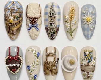 Handmade Deluxe Oktoberfest Press On Nails | 3D Lederhosen, Beer Tent & Edelweiss Art | Traditional German Festival Fake Nails Set
