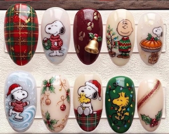 Handmade Christmas Press On Nails | Cartoon Dog and Friends, Holiday Tartan, Winter Ice Skating, Almond Nails
