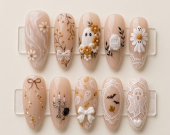 Handmade Halloween Press On Nails | Ghost, Vintage Lace, White Daisy, Tombstone, Long Round Nails