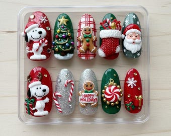Handmade Christmas Press On Nails | Snoopy, Santa, Tree & Candy Cane 3D Art | Almond Nails For Festive Holiday Vibe