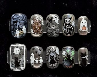Handmade Spooky Press On Nails | Tarot Card The Moon, Ghost, Black Cat, Skeleton, 3D Square Halloween Nails