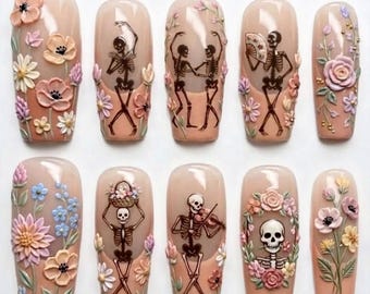 Handmade Floral Skeleton Press On Nails | Dancing Skeletons, 3D Spring Flowers, Violin, Square Spooky Nails