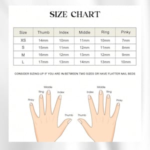 May include: A size chart for nail sizes, with measurements in millimeters for thumb, index, middle, ring, and pinky fingers. The chart includes sizes XS, S, M, and L, with corresponding measurements. The text "SIZE CHART" is at the top.