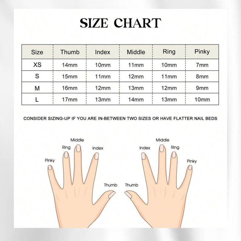 May include: A size chart for nail sizes, with measurements in millimeters for thumb, index, middle, ring, and pinky fingers. The chart includes sizes XS, S, M, and L, with corresponding measurements. The text "SIZE CHART" is at the top.