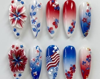 Handmade 4th of July Hibiscus Press On Nails | Luxury 3D Tropical Floral & American Flag Art | Elegant Red, White Blue Ombre Summer Nails