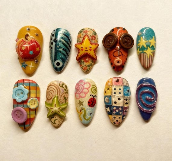Handmade Retro Art Press On Nails | Starfish, Buttons, Patchwork, Swirl | Multicolor Curved Almond Nails For Artsy Vintage Vibe